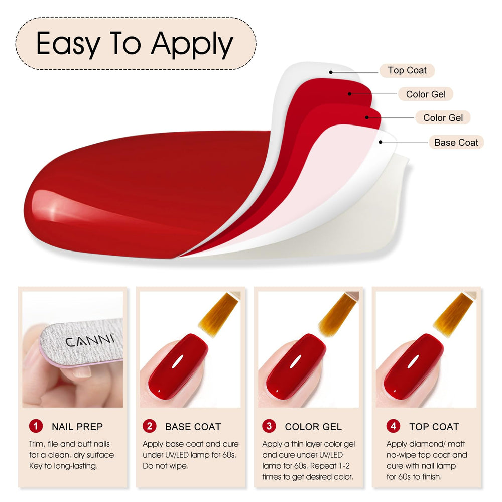 CANNI red gel nail polish on nails with glossy wear.
