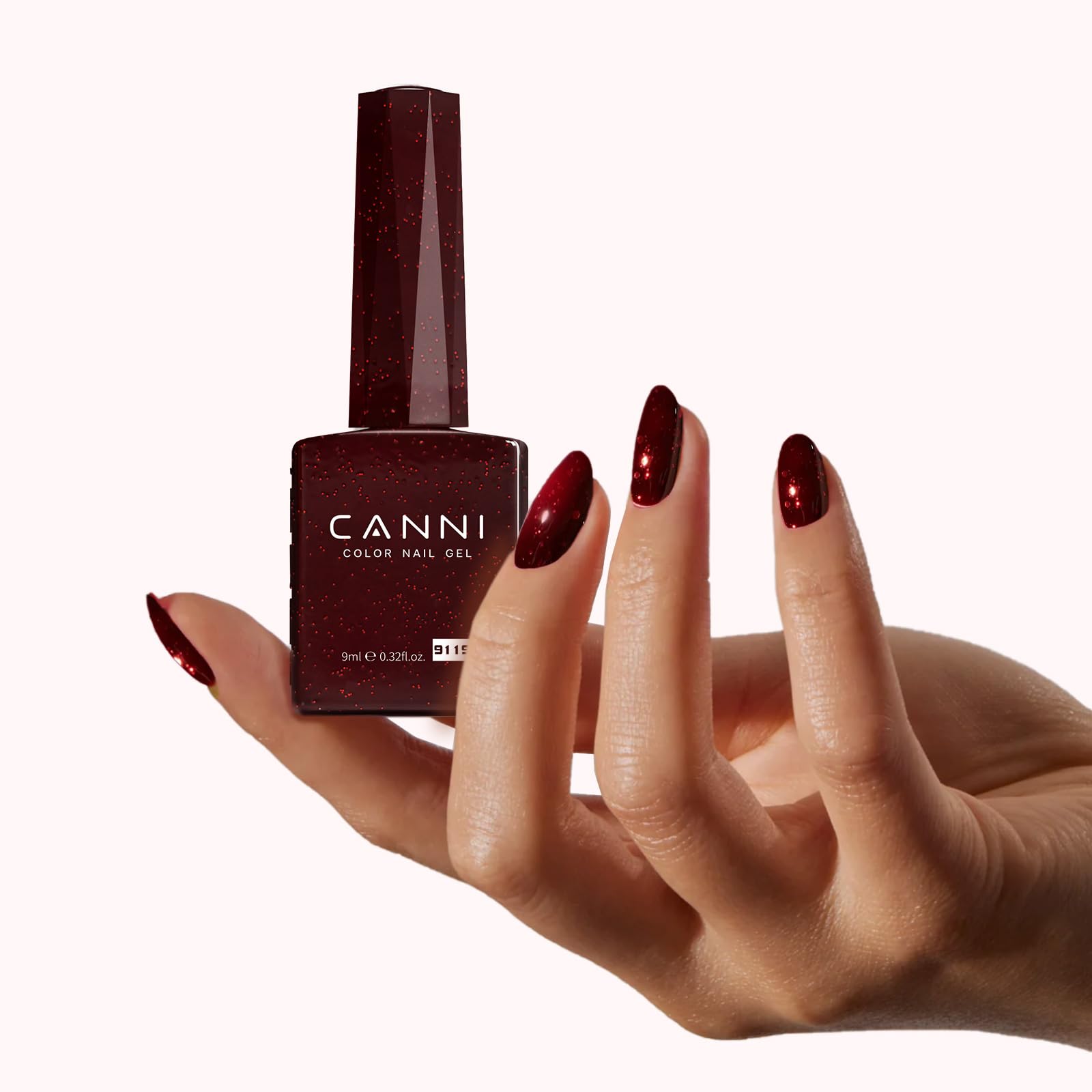 CANNI glossy finish swatch emphasizes high shine on nails.