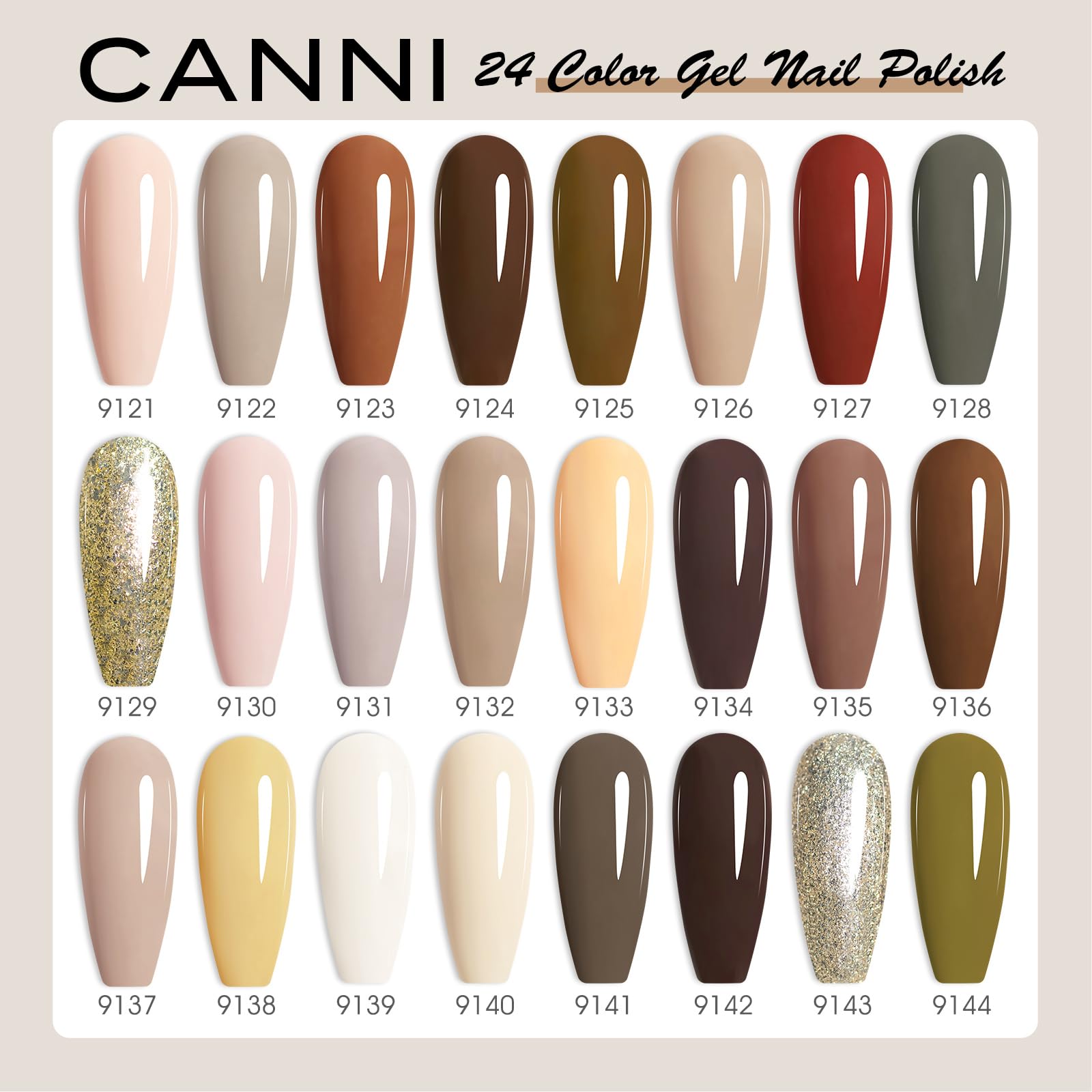 CANNI color swatches show nude, brown, red, and glitter shades.