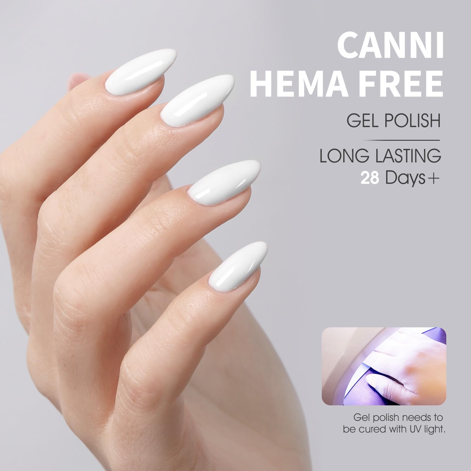 CANNI white gel polish bottle cap closeup highlights precise brush control.