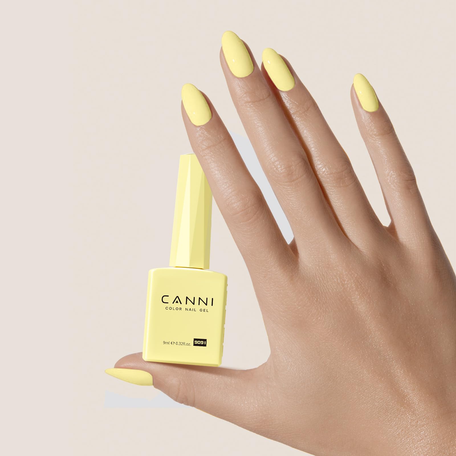 CANNI Yellow gel polish curing lamp image indicates 90-120 seconds session.