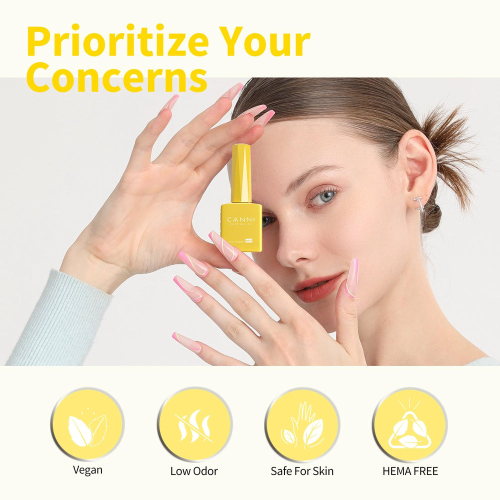 CANNI base and top coat pairing with pastel yellow gel polish for long-lasting shine