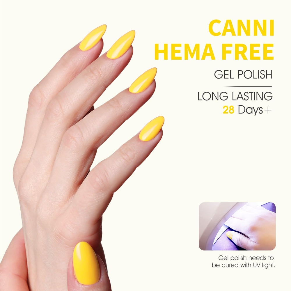 CANNI pastel yellow gel polish nail application close up shows smooth, even layering