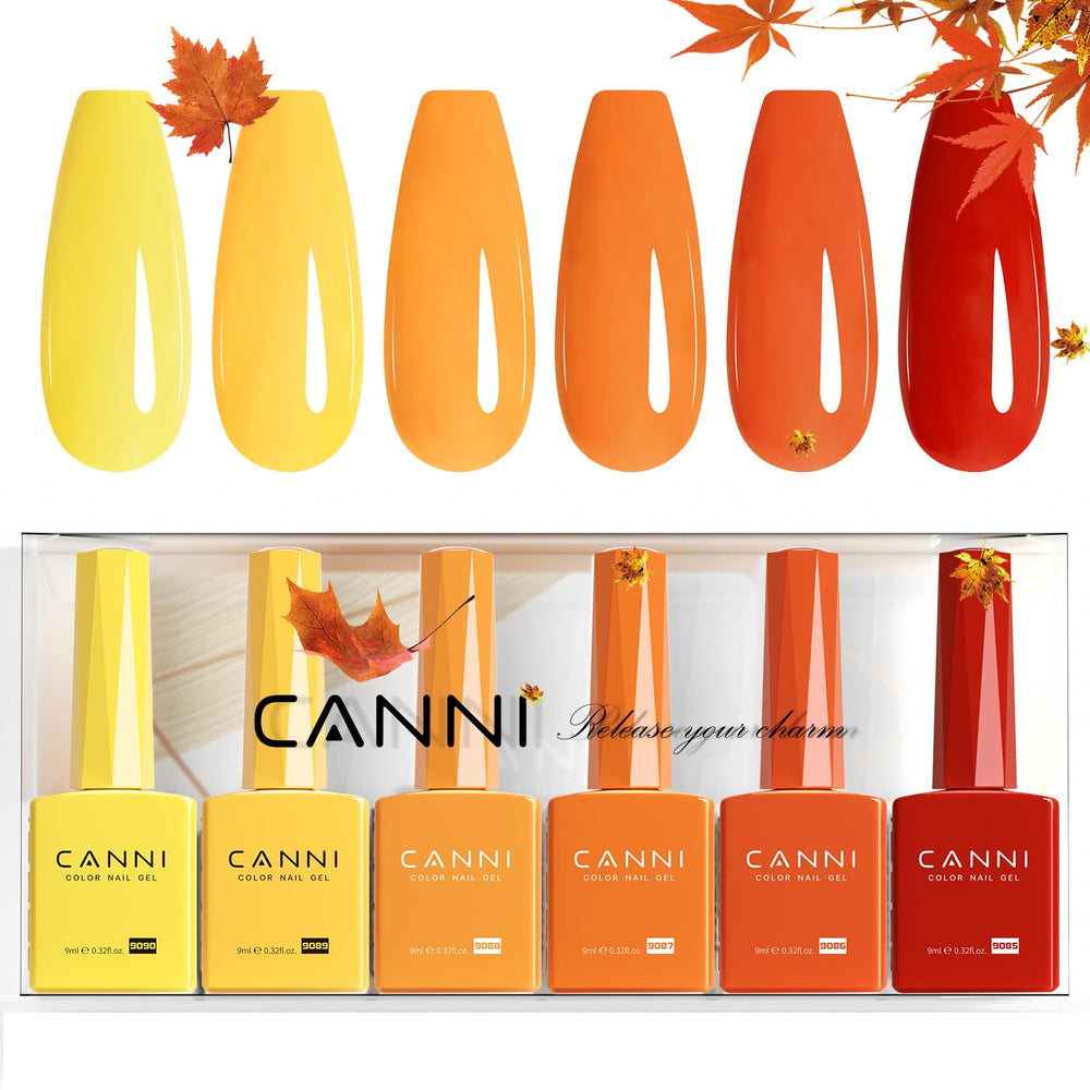 CANNI yellow-orange fall gel polish set in a 9ml bottle for autumn-ready nails.