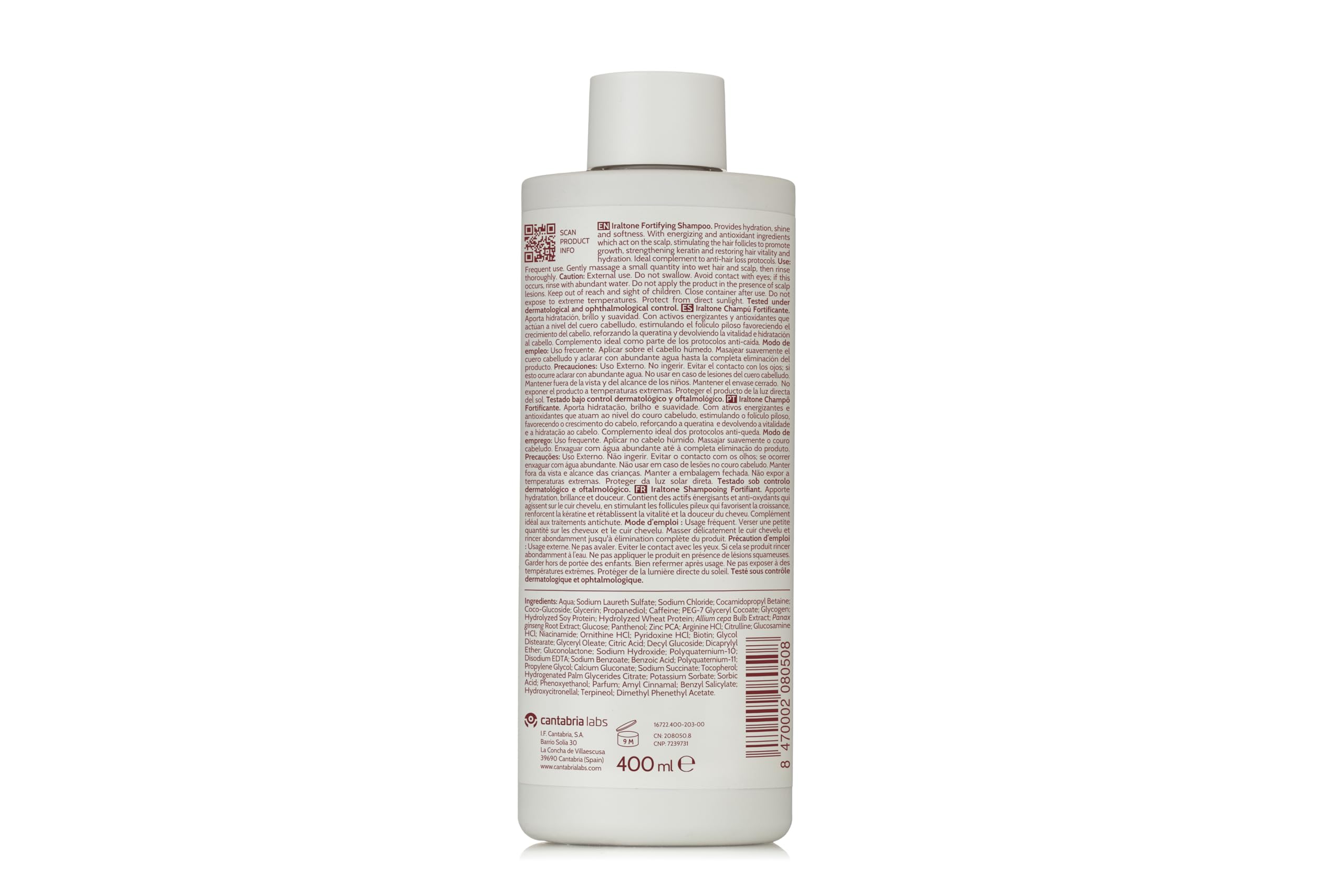 Cantabria Labs IRALTONE Fortifying Shampoo close-up lather shows rich foam and hair nourishment