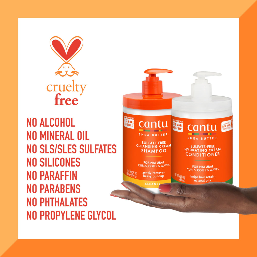 Cantu Shea Butter hair care routine setup with shampoo and conditioner.