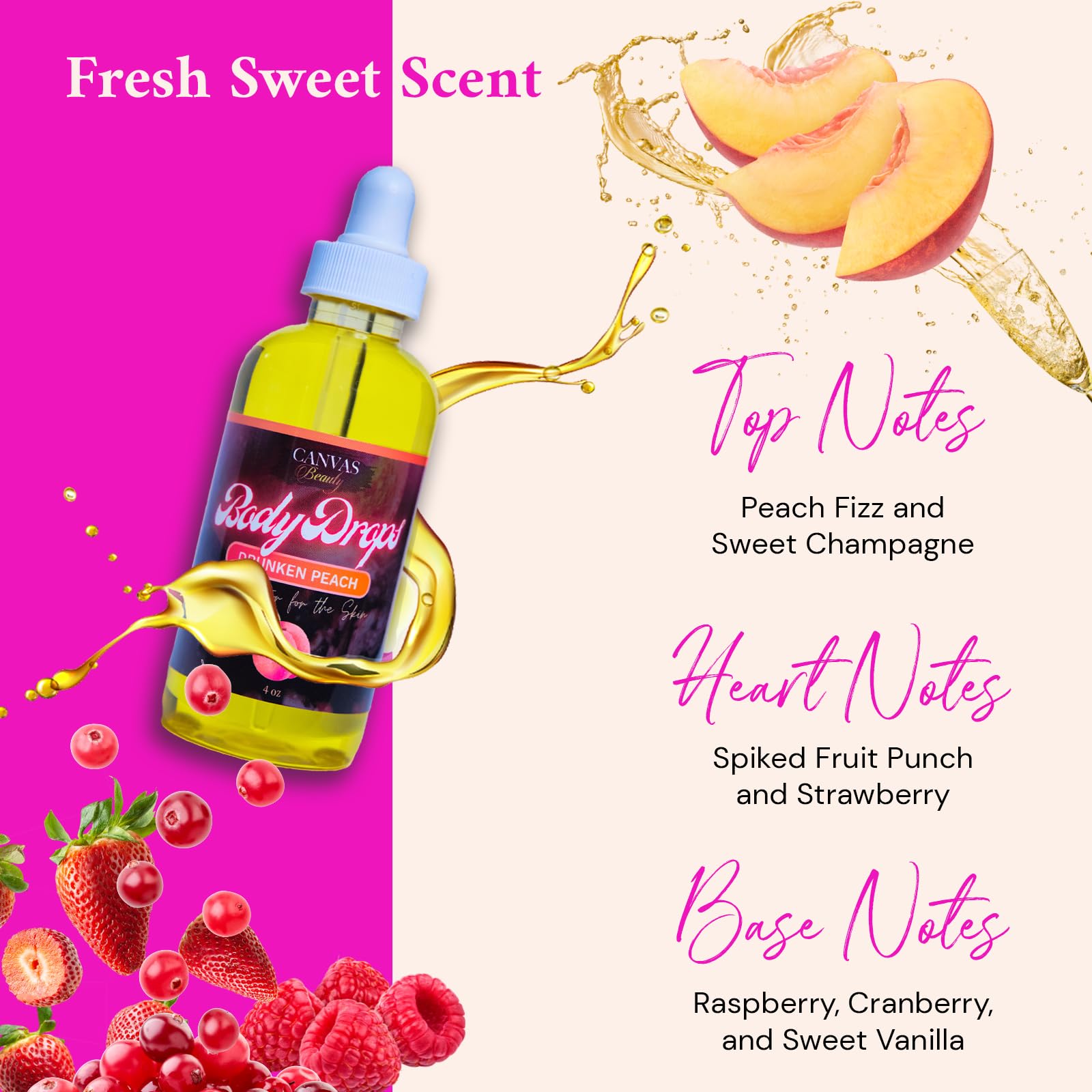 Close-up of Canvas Beauty Body Drops texture for a silky finish.