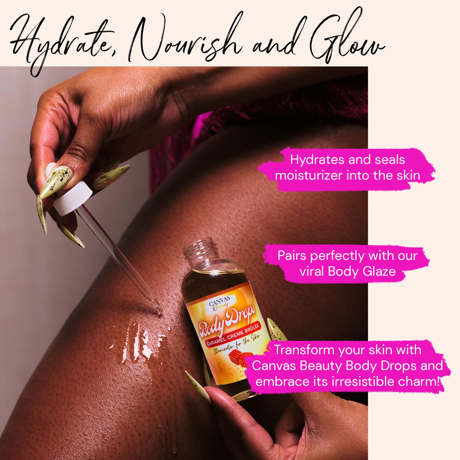 Canvas Beauty Body Drops Creme Brulee being poured for quick hydration
