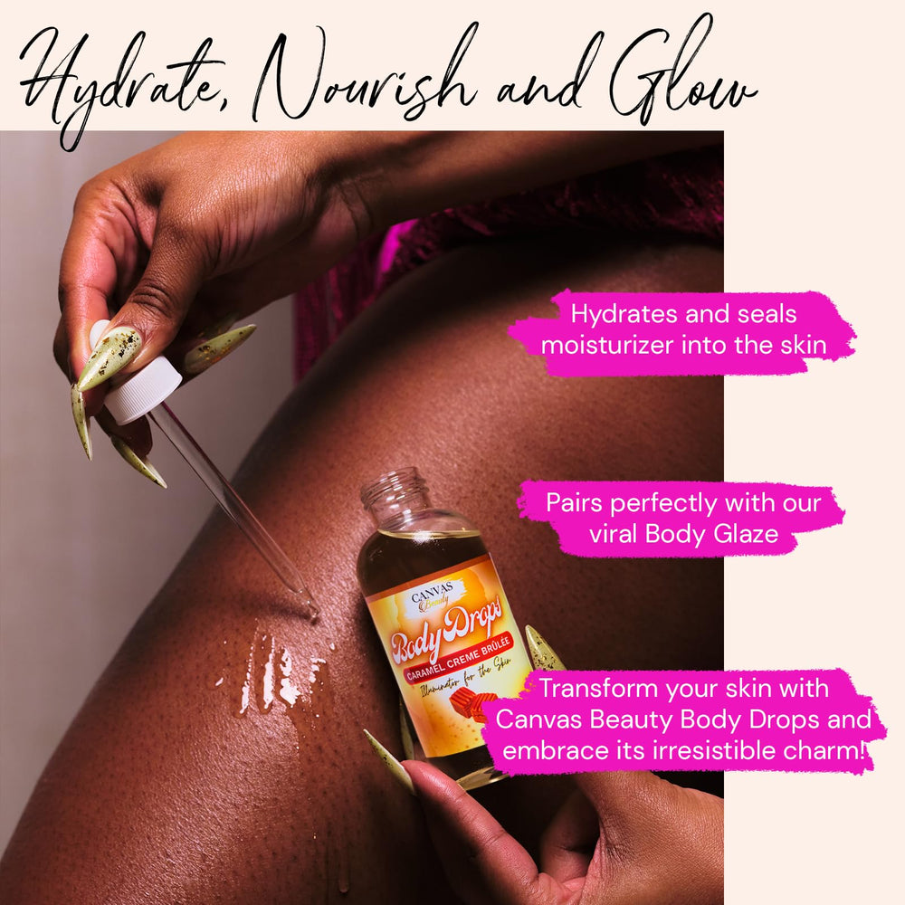 Canvas Beauty Body Drops Creme Brulee being poured for quick hydration
