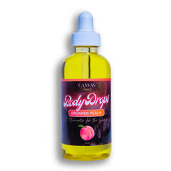 Canvas Beauty Body Drops Drunken Peach bottle with peach fragrance and radiant hydration.