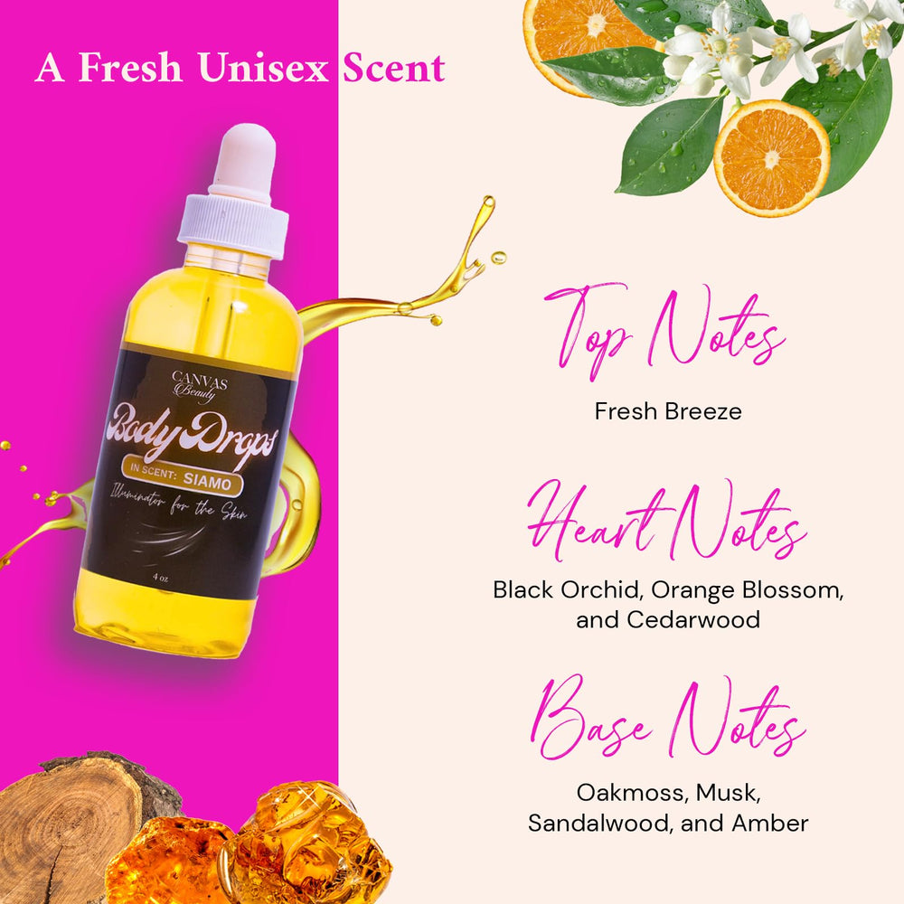 Canvas Beauty Body Drops Siamo applied on skin on damp surface locks in moisture.