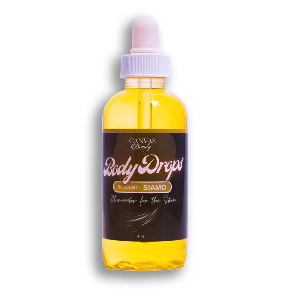 Canvas Beauty Body Drops Siamo bottle pour reveals silky hydration for soft, radiant skin.