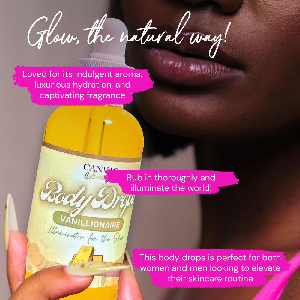 Canvas Beauty Body Drops Vanillionaire applied to damp skin locks in moisture