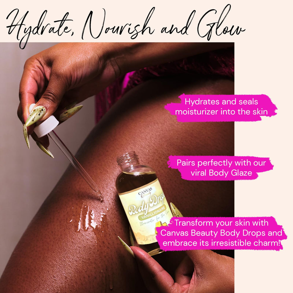 Canvas Beauty Body Drops Vanillionaire oil drop on hand for quick absorption