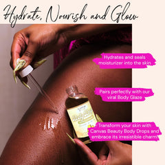 Canvas Beauty Body Drops Vanillionaire oil drop on hand for quick absorption