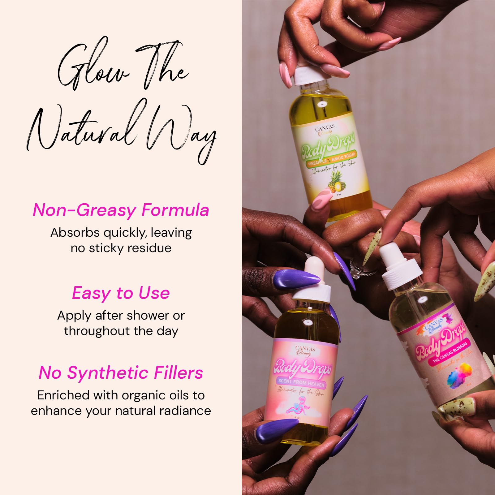 Canvas Beauty Body Drops Vanillionaire on skin with natural glow