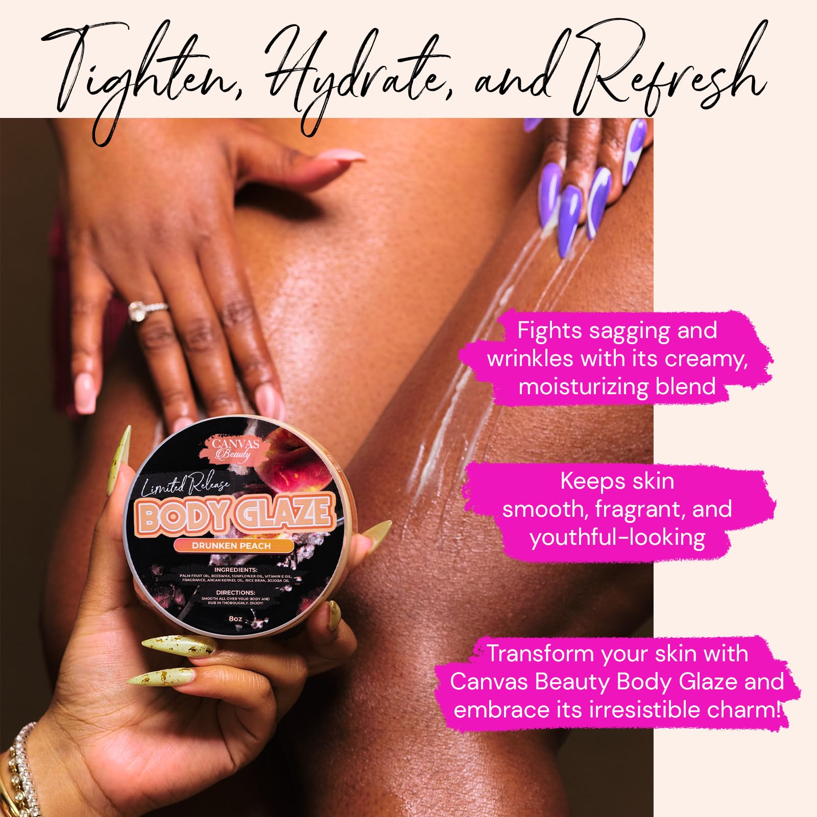 Canvas Beauty Body Glaze Drunken Peach being applied to damp skin for a soft glow.