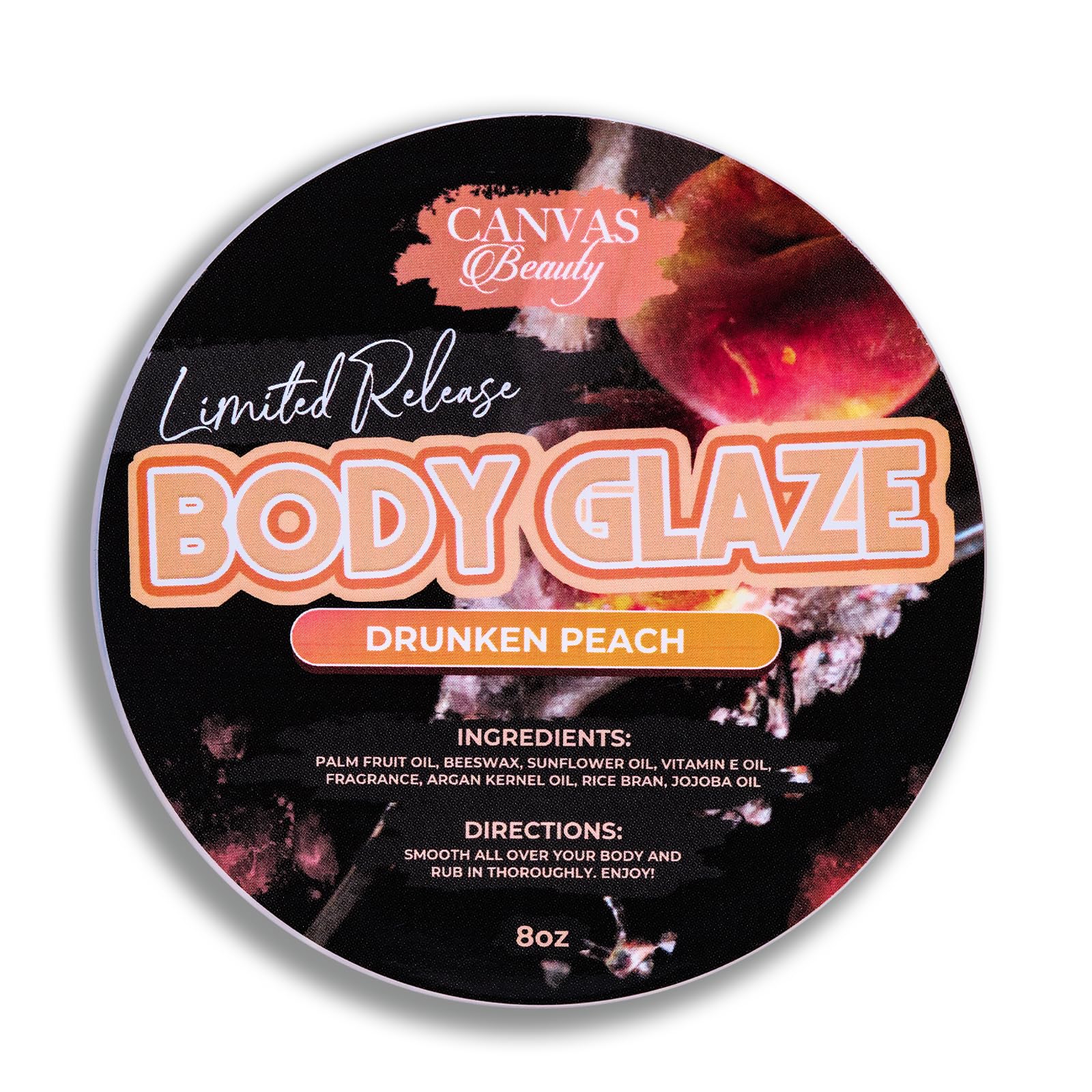 Canvas Beauty Body Glaze Drunken Peach jar close-up, whipped texture for radiant, non-greasy hydration.