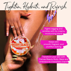 Canvas Beauty Body Glaze jar label highlights palm fruit oil and jojoba for nourished skin