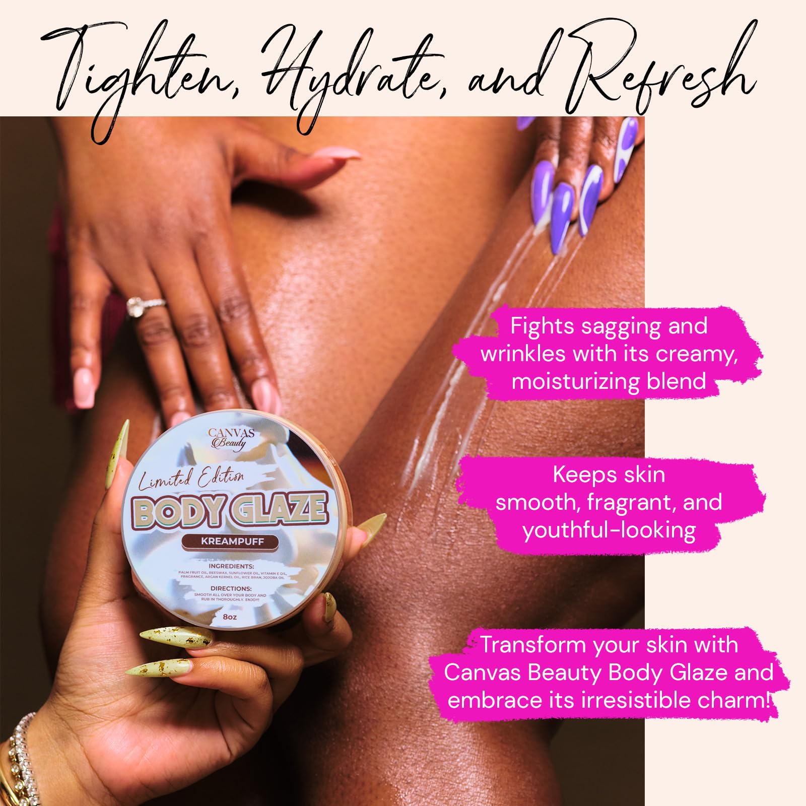 Canvas Beauty Kreampuff Body Glaze jar open signals indulgent self-care.