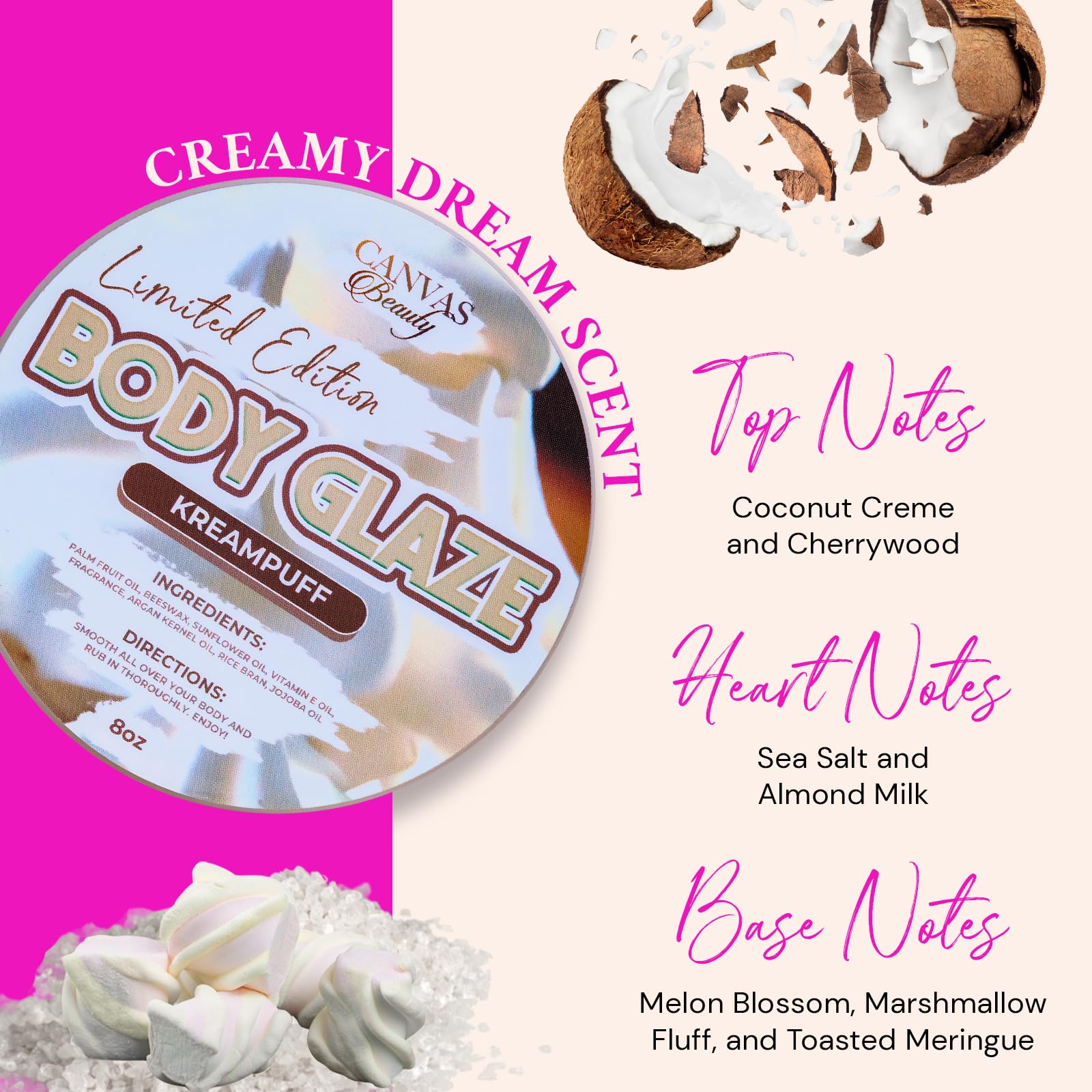 Texture close-up shows whipped, silky cream for fast, non-greasy absorption.