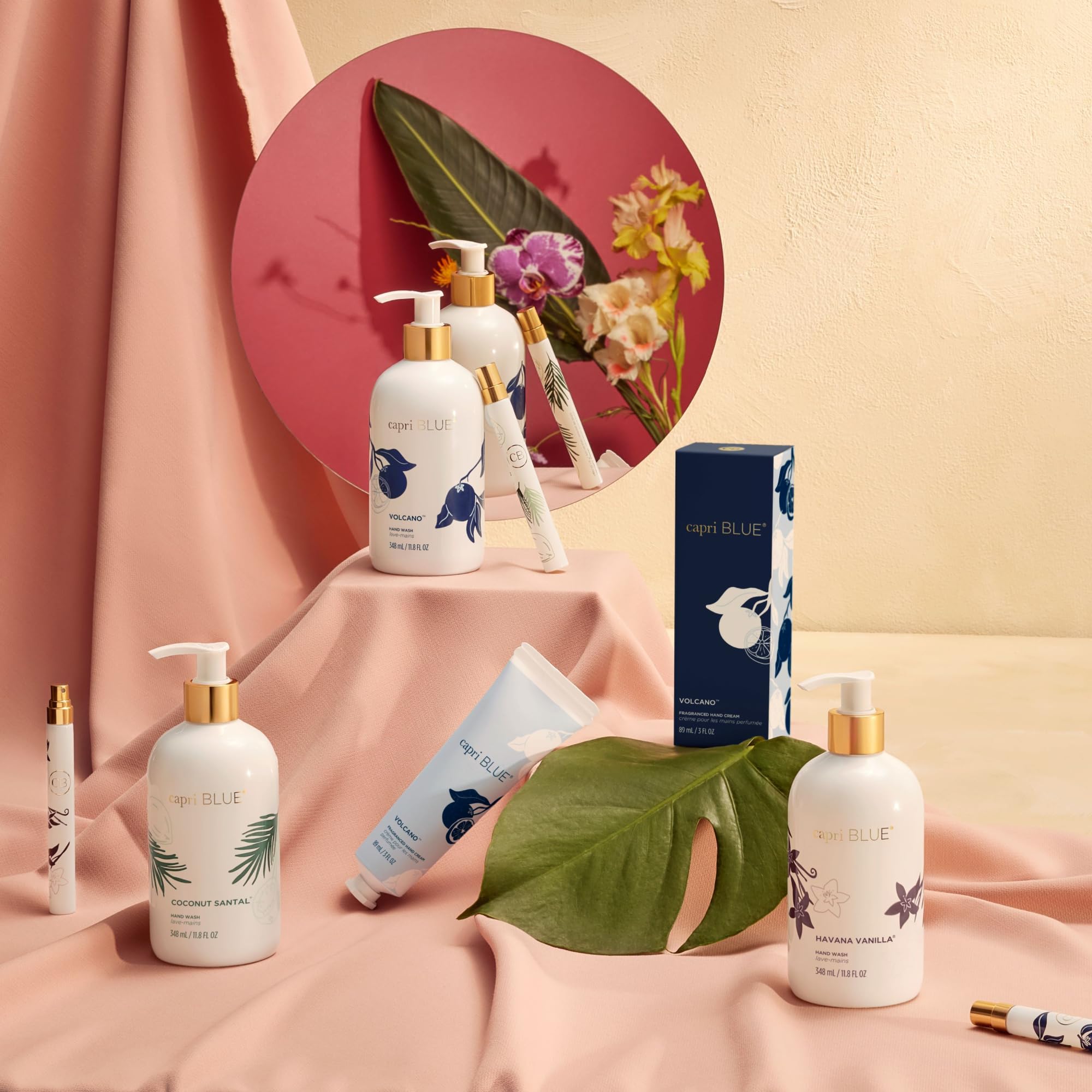 Capri Blue Flora Edit packaging on mint-green tubes is convenient for travel or gifting.
