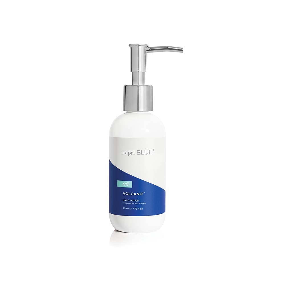 Capri Blue Volcano hand lotion front bottle in a tropical-inspired display for daily moisturization.