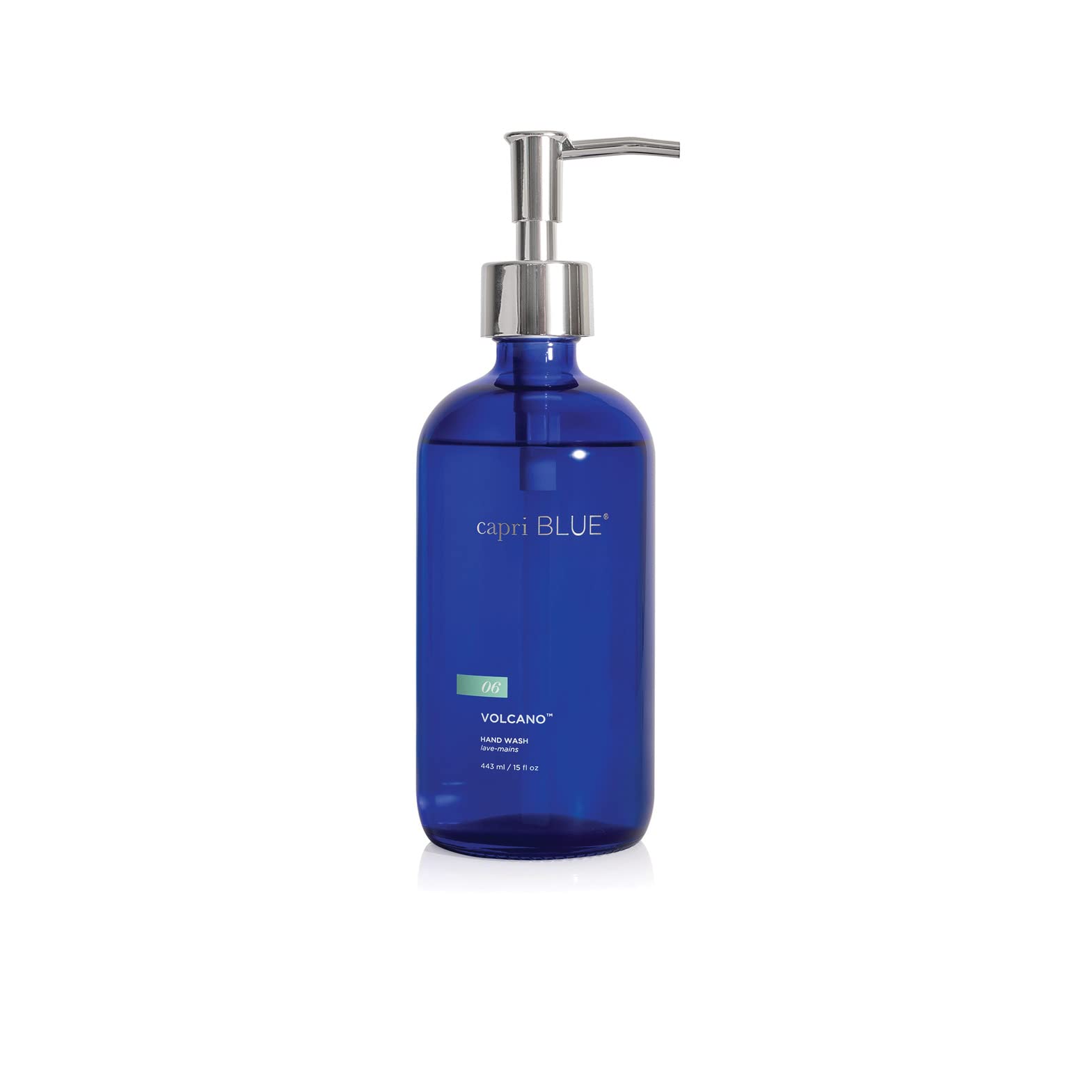 Capri Blue Volcano hand wash bottle front in cobalt glass adds style to daily cleansing
