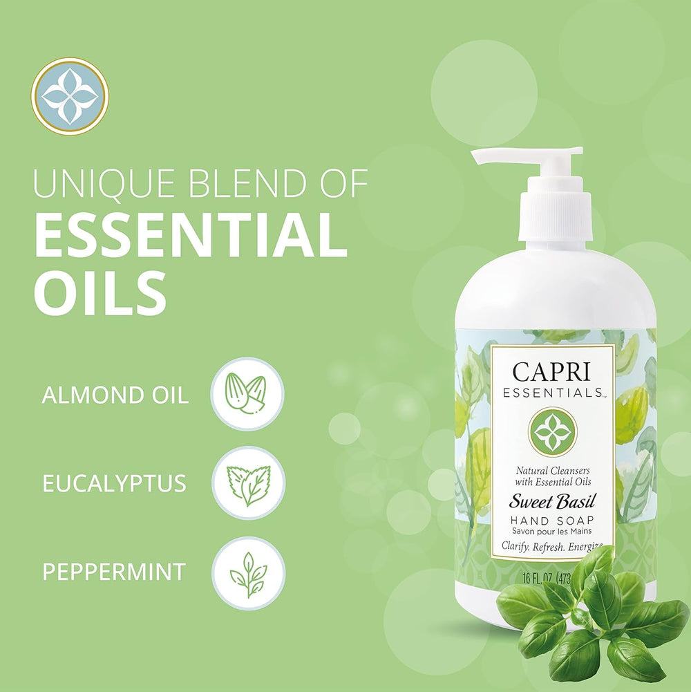 Capri Essentials hand soap liquid sweet-basil-scent closeup evokes a refreshing kitchen aroma