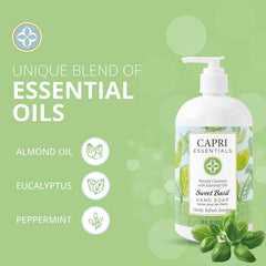 Capri Essentials hand soap liquid sweet-basil-scent closeup evokes a refreshing kitchen aroma