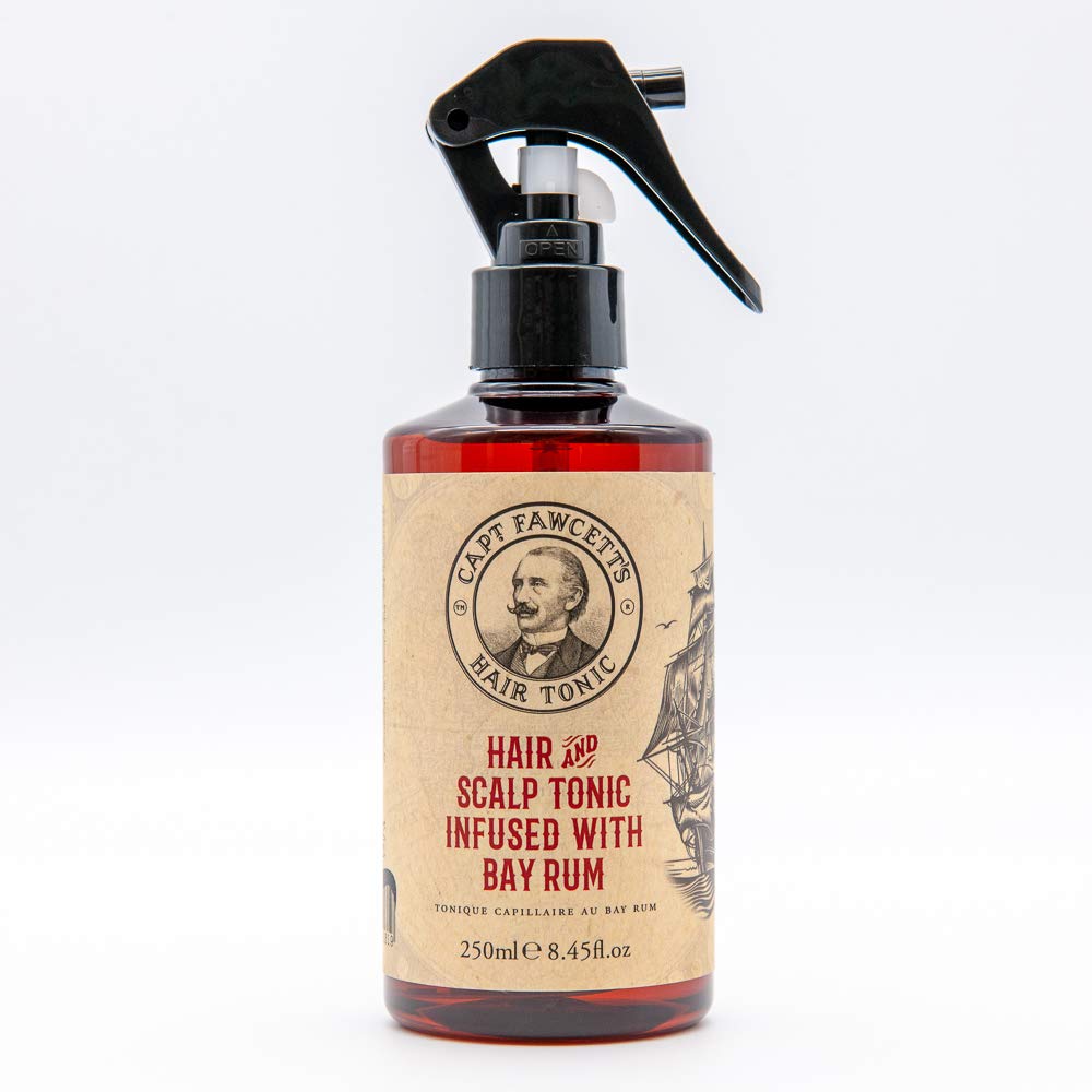 Captain Fawcett’s Bay Rum Hair Tonic bottle for versatile grooming and nourishment.