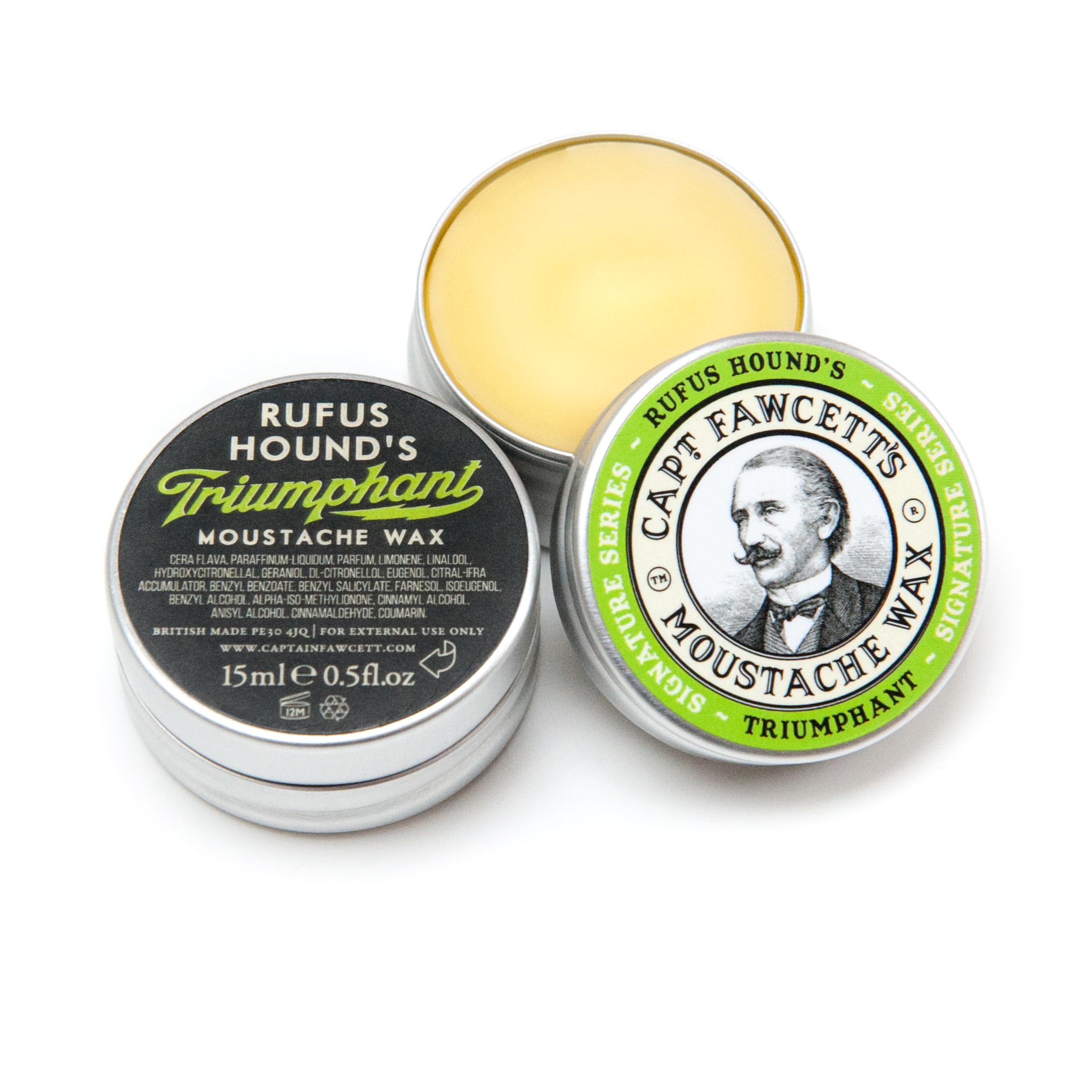 Captain Fawcett moustache wax tin open, ideal for quick shaping and on-the-go touchups.