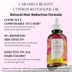 Close-up of Caramela Beauty Cyperus Rotundus Oil ingredients including jojoba and tea tree