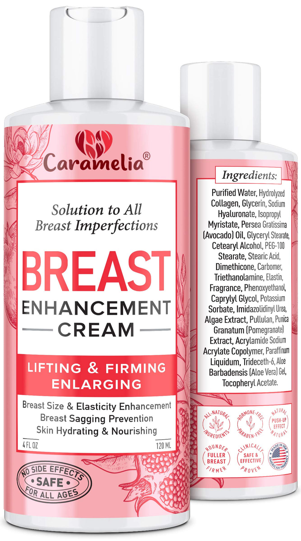 Caramelia Breast Enhancement Cream bottle close-up shows premium formula for firming.