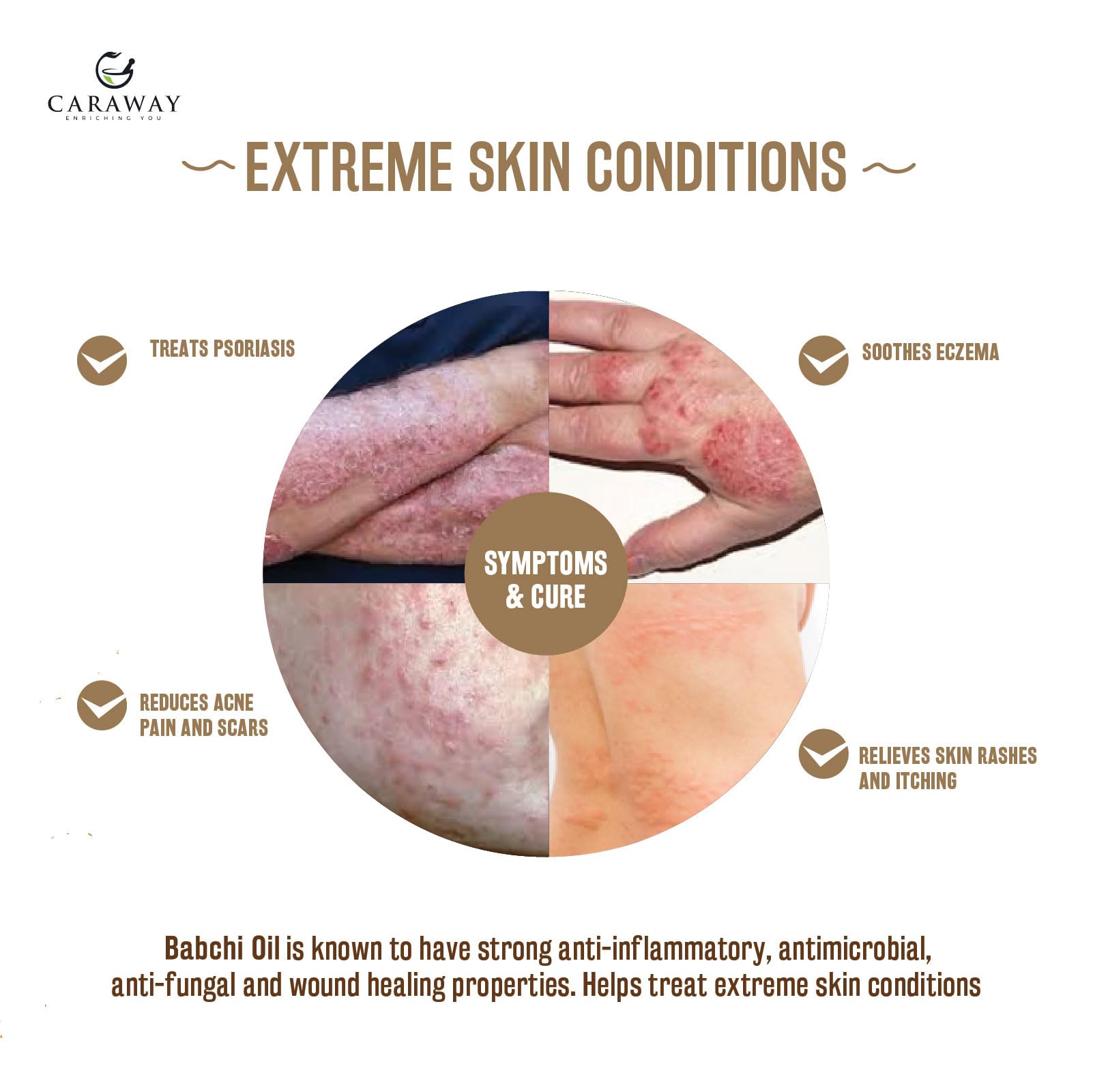 CARAWAY Bakuchi Oil droplets on hand, suggesting easy blending with carrier oils.