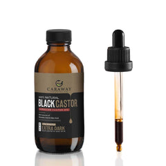 Caraway Jamaican Black Castor Oil bottle in dark amber protects potency for hair and skin.