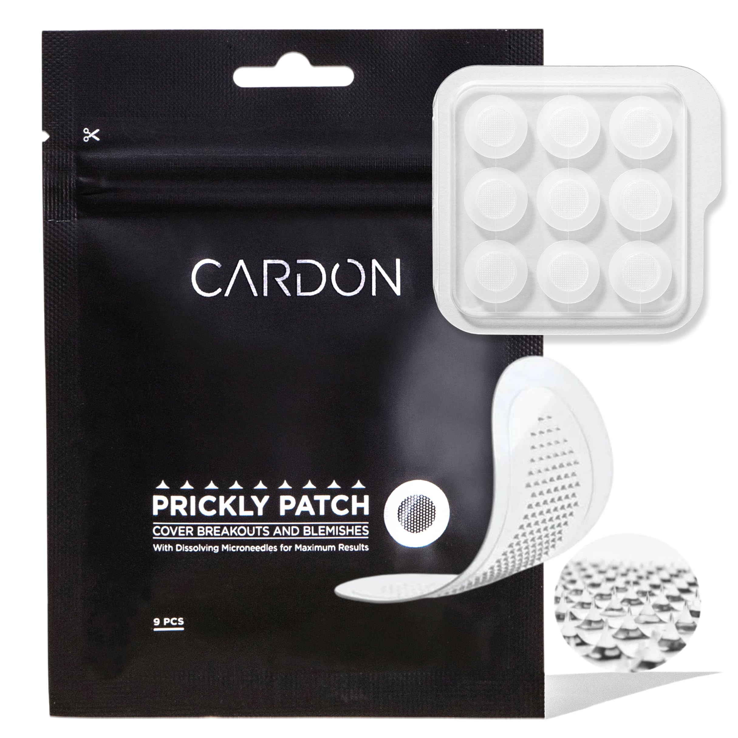 Cardon Microneedle Patches pack shot for nine-count box and compact packaging.