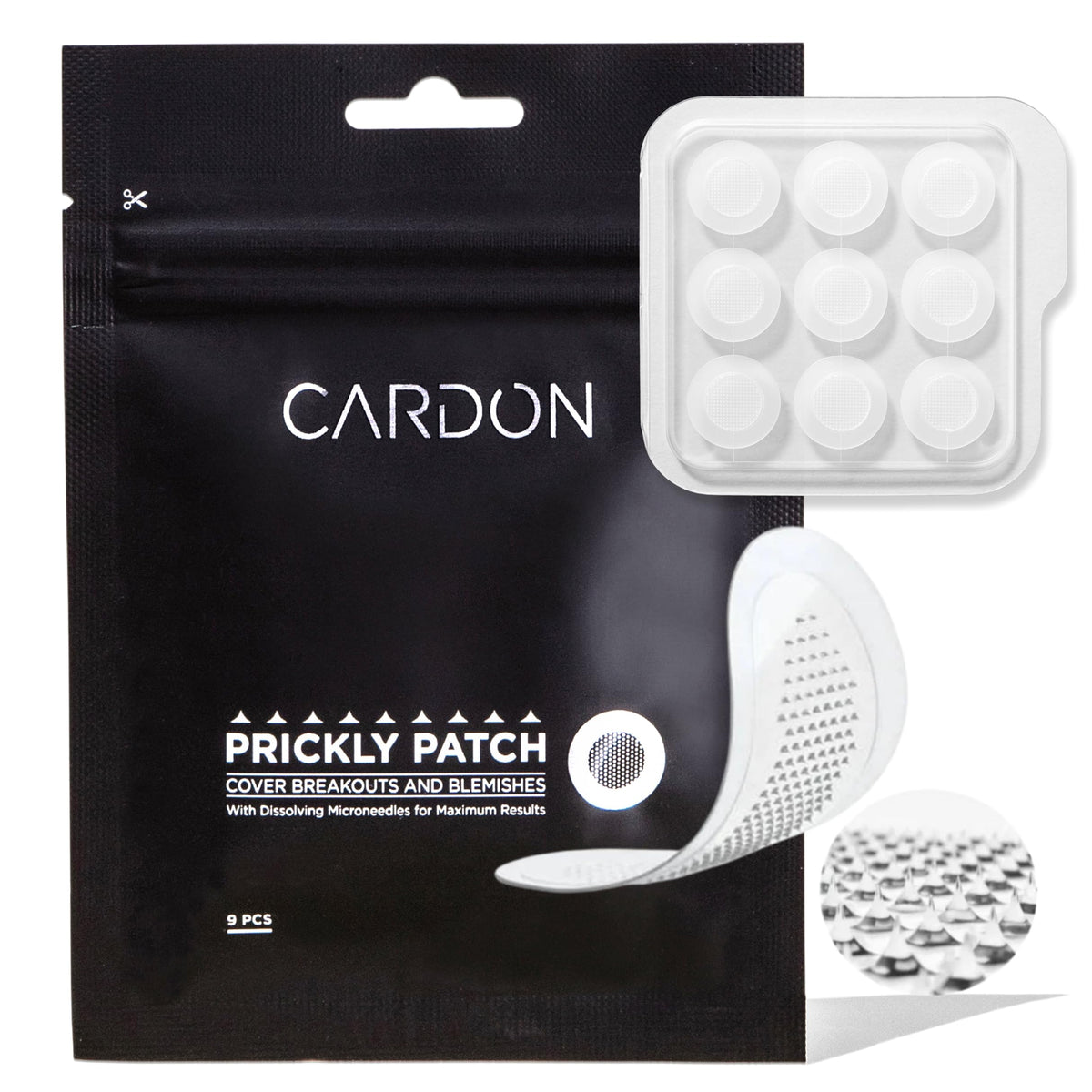Cardon Microneedle Patches pack shot for nine-count box and compact packaging.
