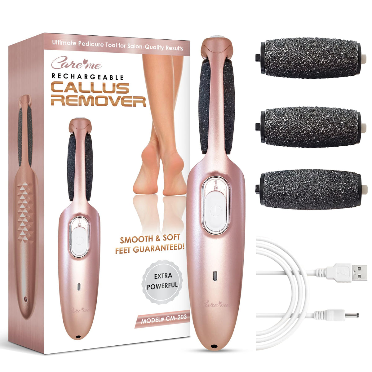 Care Me electric callus remover wand with roller for tough skin.