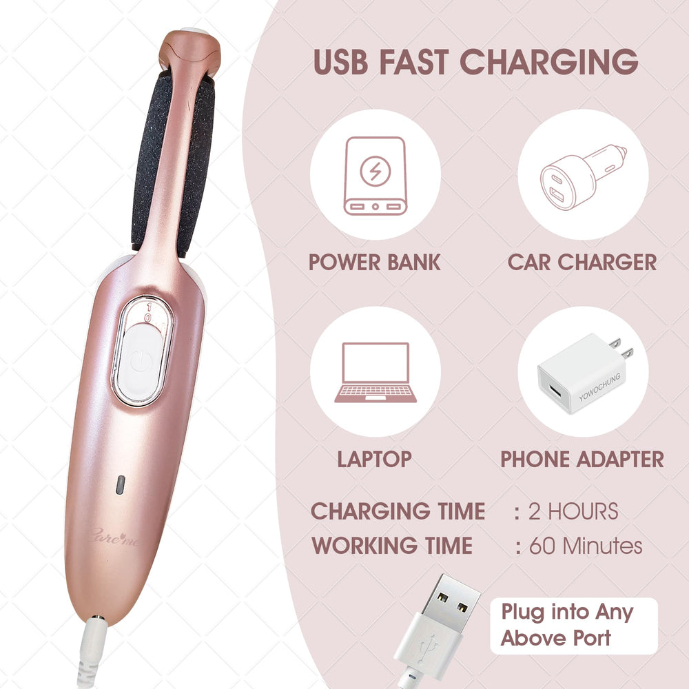 Care Me rechargeable foot file with USB charging for cordless use.