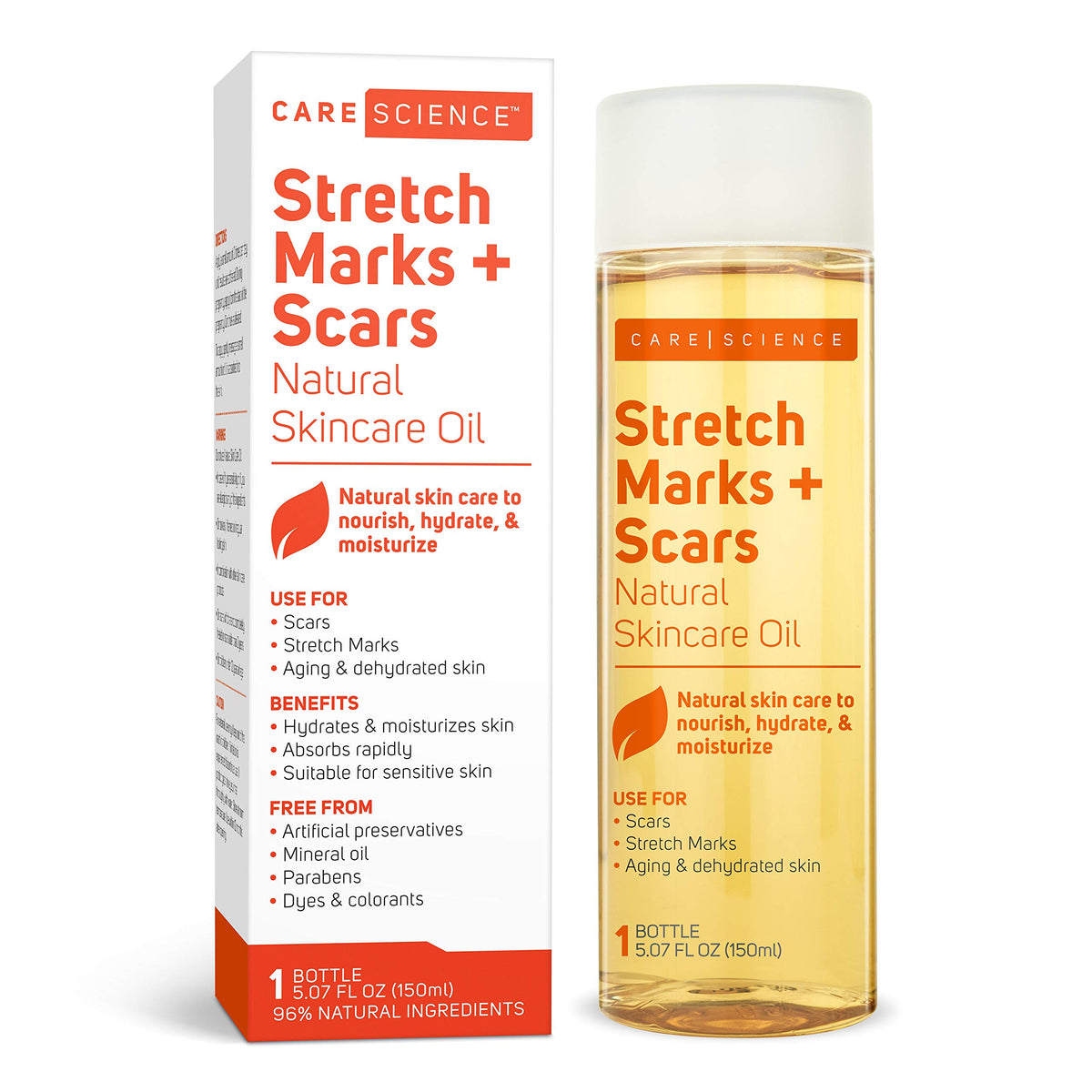 Care Science body oil serum bottle closeup shows luxurious skin hydration.