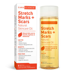 Care Science body oil serum bottle closeup shows luxurious skin hydration.