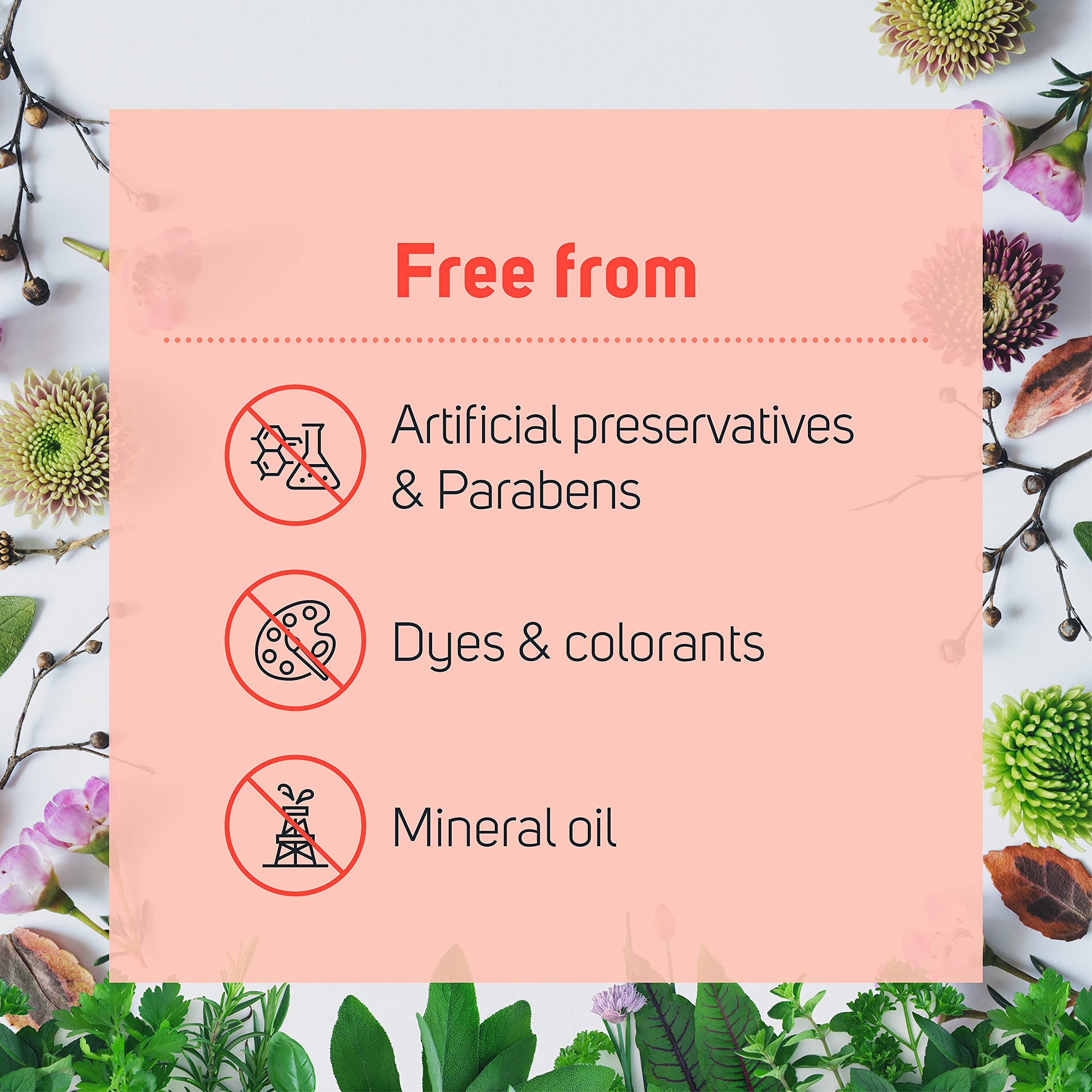 Care Science free-from label emphasizes no artificial preservatives or mineral oil.