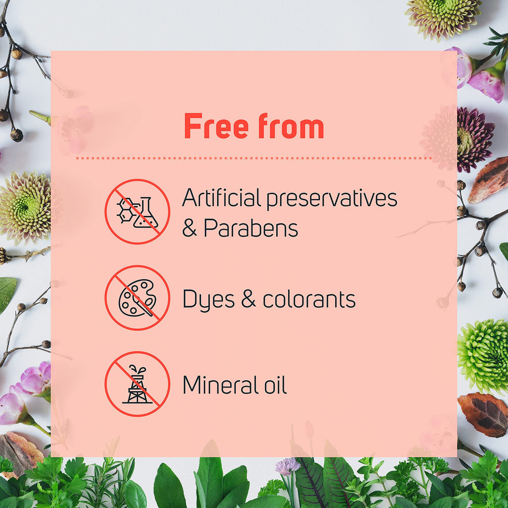 Care Science free-from label emphasizes no artificial preservatives or mineral oil.