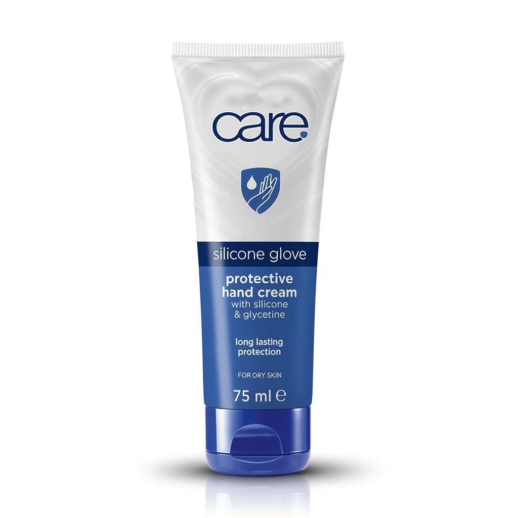 Care Silicone Glove Hand Cream bottle closeup highlighting protective moisture barrier.