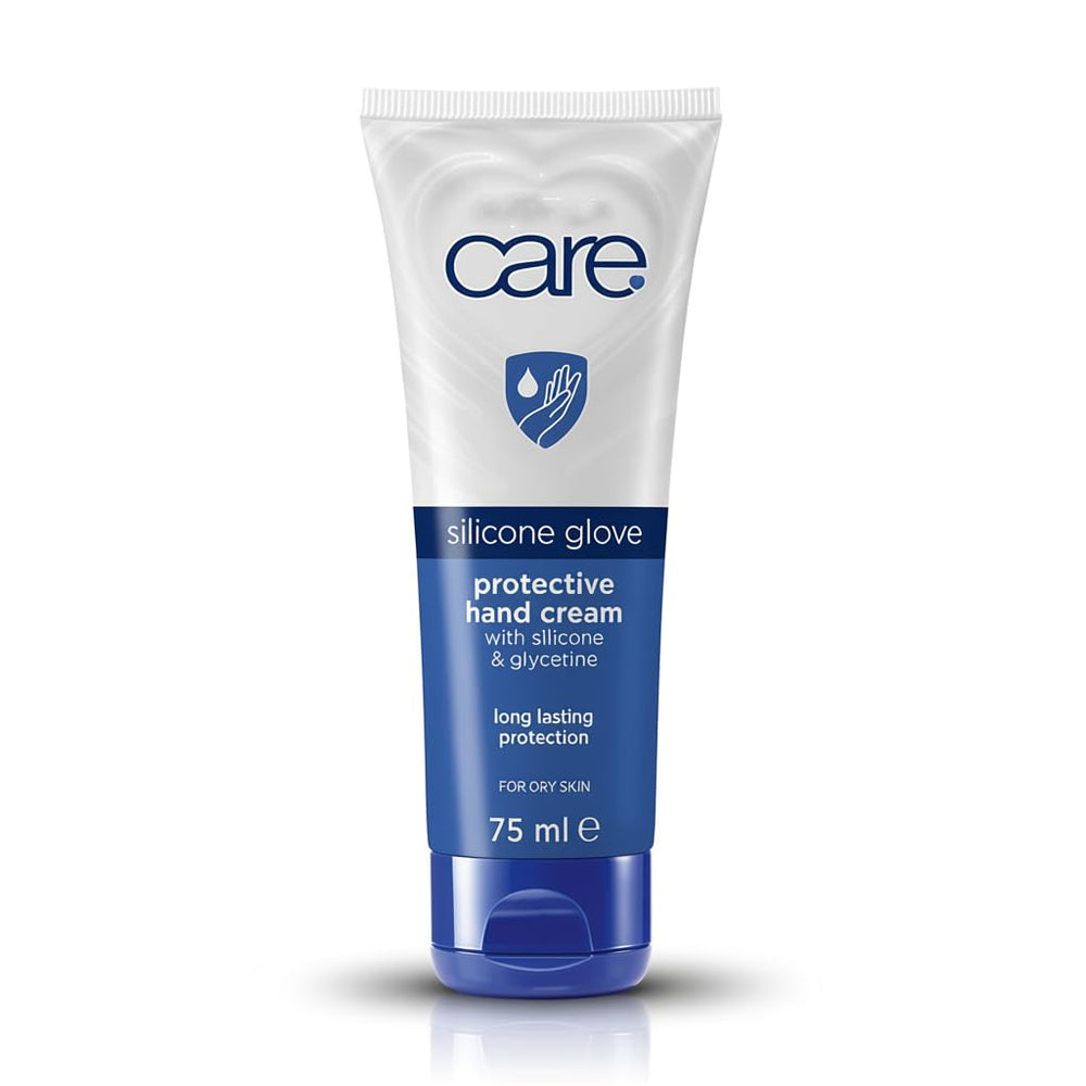 Care Silicone Glove Hand Cream bottle closeup highlighting protective moisture barrier.