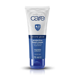 Care Silicone Glove Hand Cream bottle closeup highlighting protective moisture barrier.