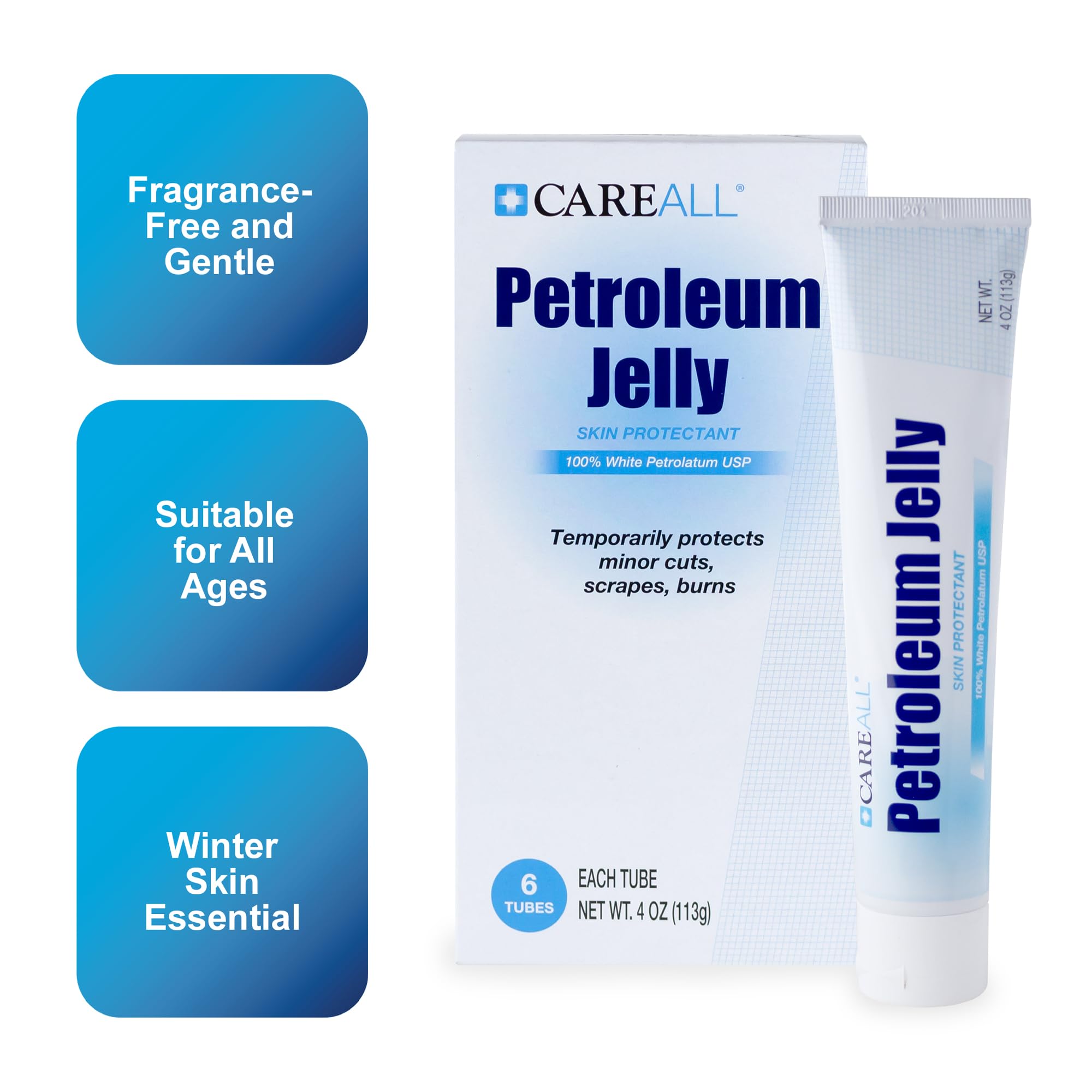 CareAll petroleum jelly 6-pack back label, convenient family-size supply.