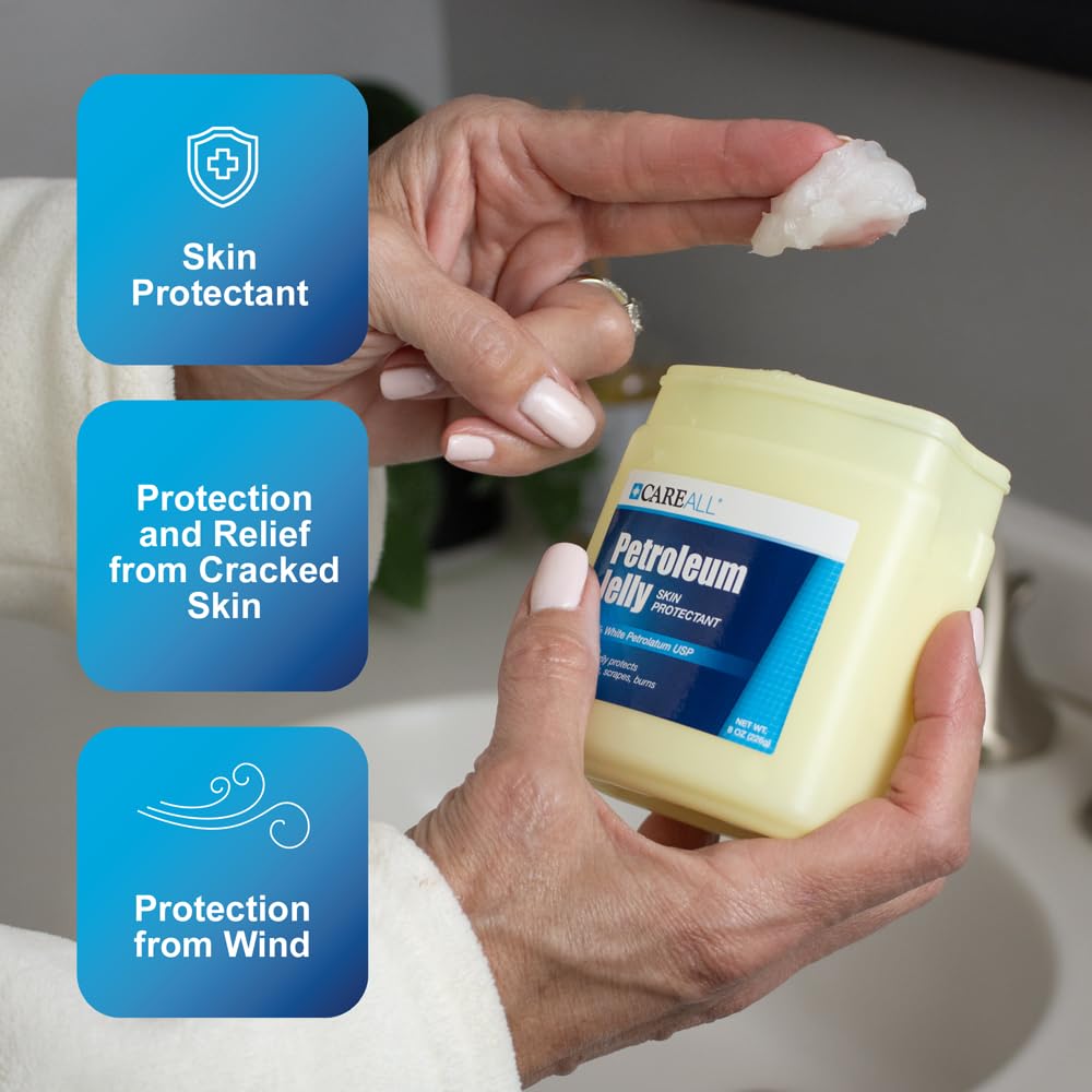 CareAll Petroleum Jelly close-up shows smooth white petrolatum texture for minor scrapes and dry lips.