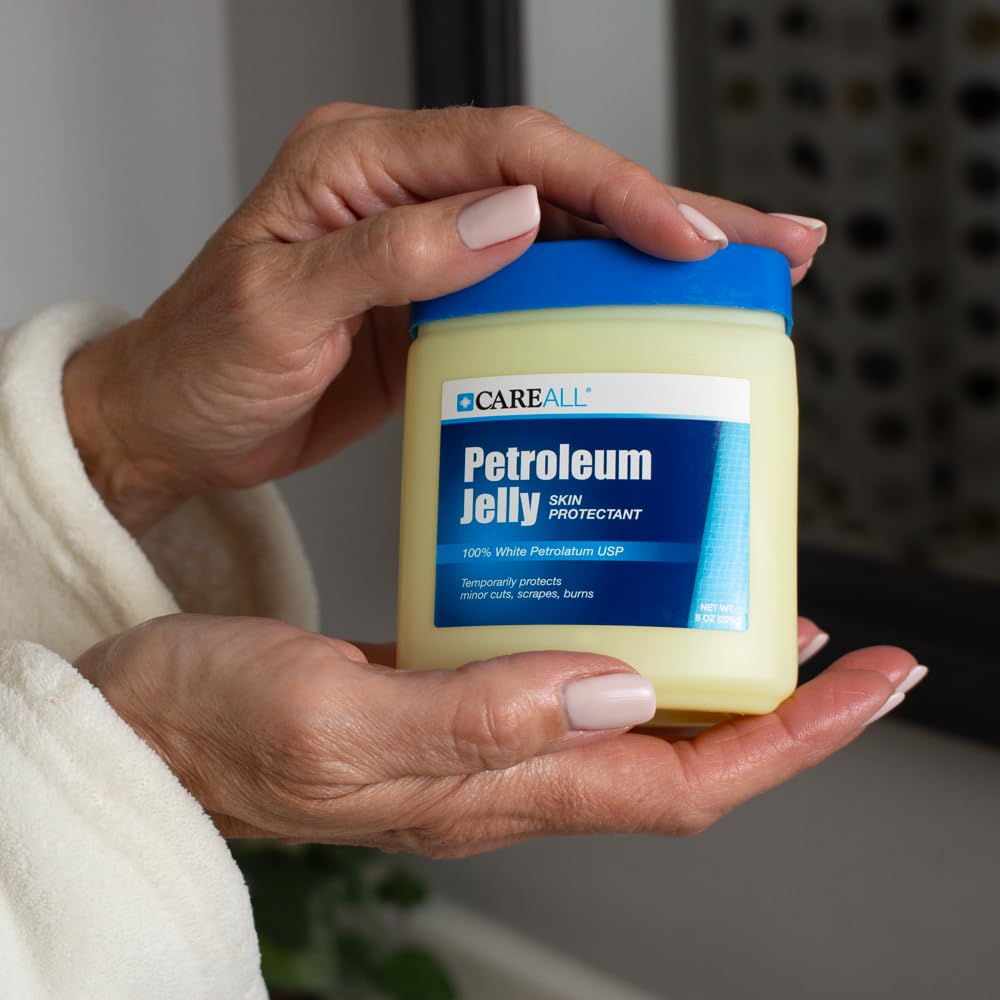 CareAll 8 oz jar shown in family bathroom for first aid and dry skin care.